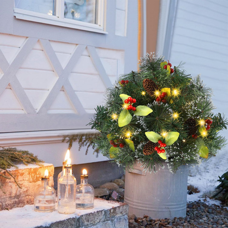 The Holiday Aisle Pre Lit Christmas Urn Filler Lighted Artificial Mini Xmas Pine Trees With Tripod Stake Light Up 8 Modes Timer Battery Powered Outdoor Planter Filler Festival Holiday Home Decor 2
